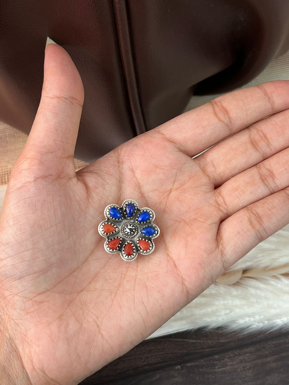 Handmade Sterling Silver 4th Of July Collection: Coral with Lapis and White Buffalo Purse Pin "Signed Nizhoni"