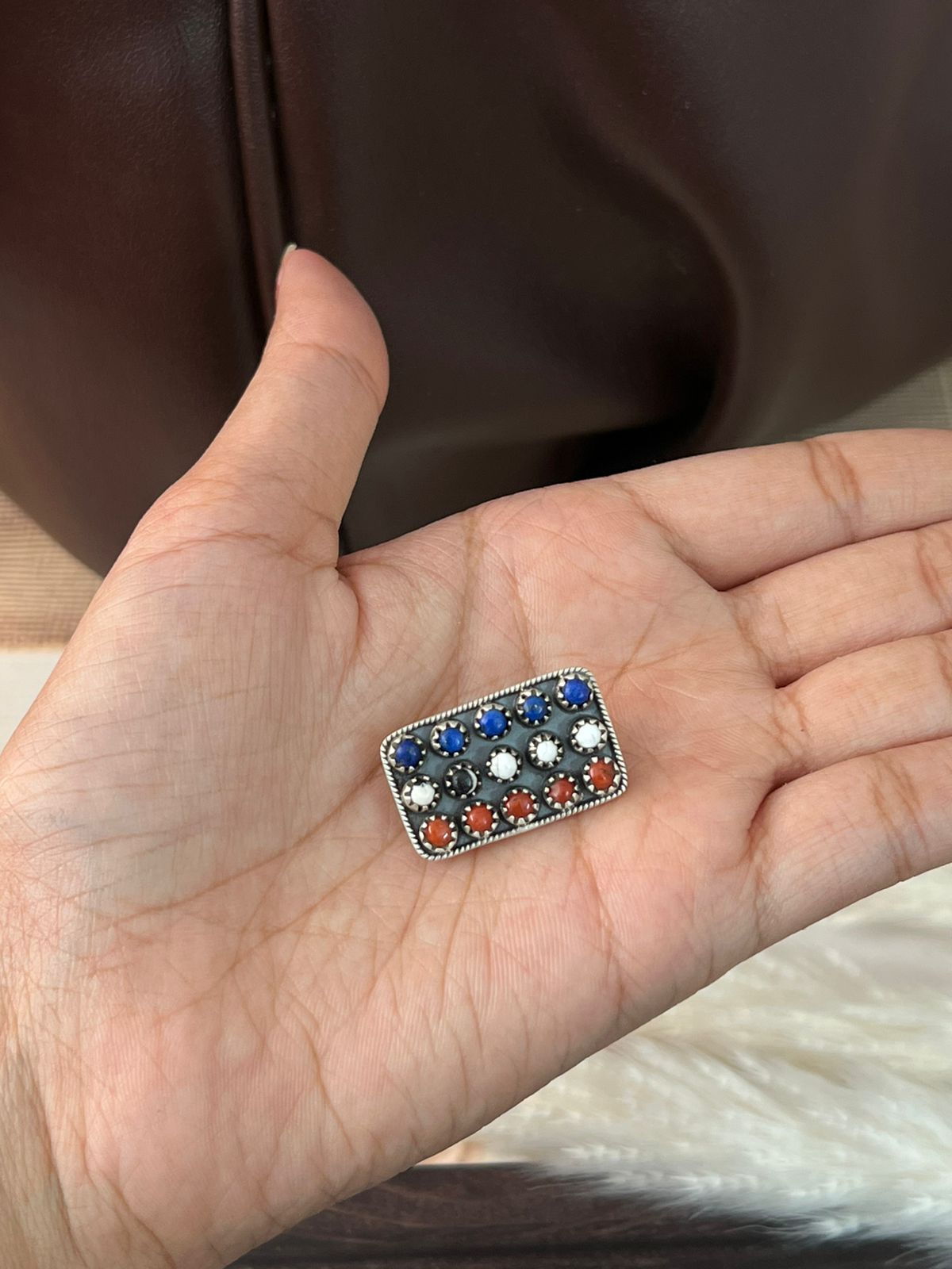 Handmade Sterling Silver 4th Of July Collection: Coral with Lapis and White Buffalo Bar Purse Pin "Signed Nizhoni"