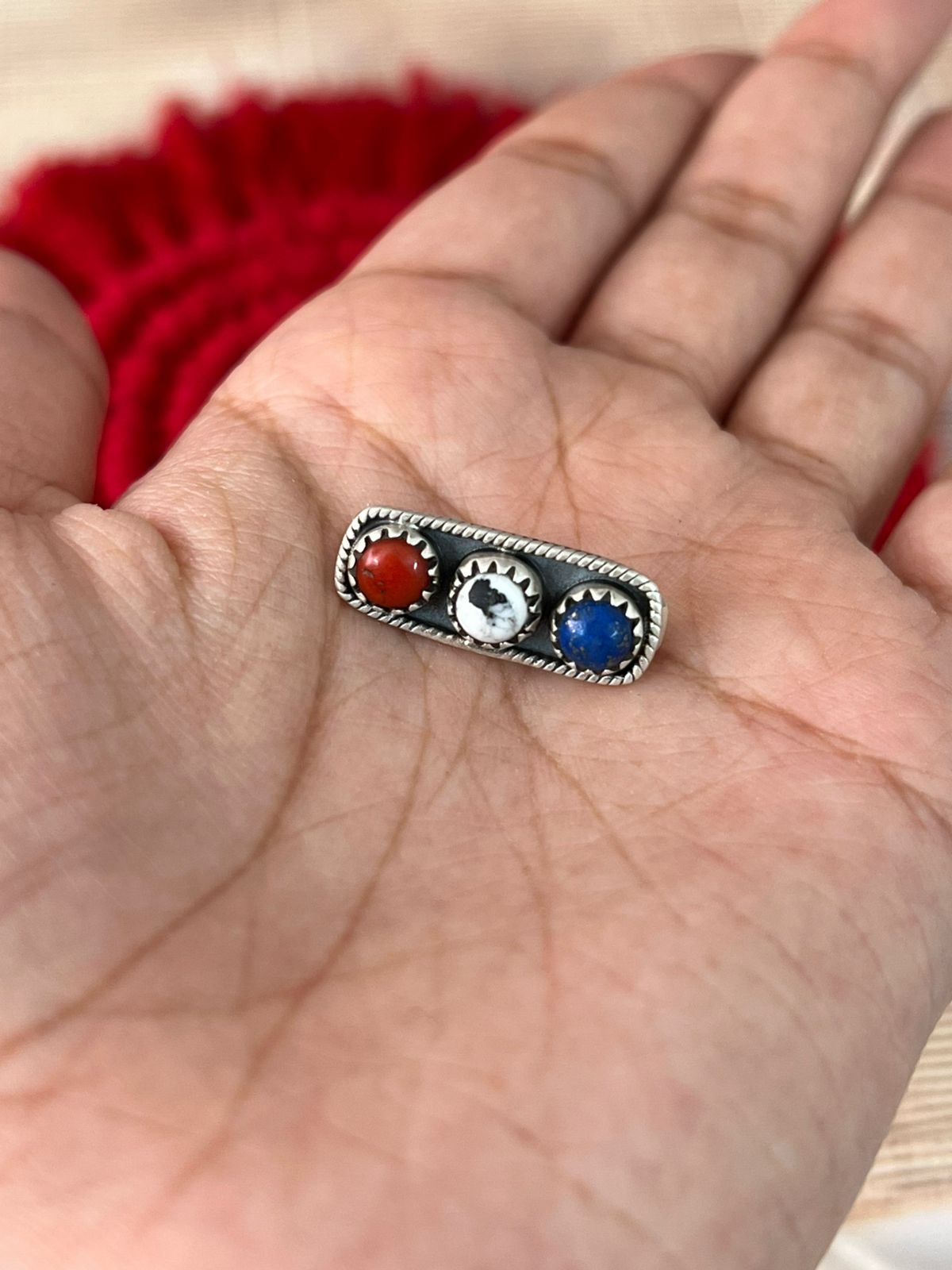 Handmade Sterling Silver 4th Of July Collection: Coral with Lapis and White Buffalo Watch Charm "Signed Nizhoni"