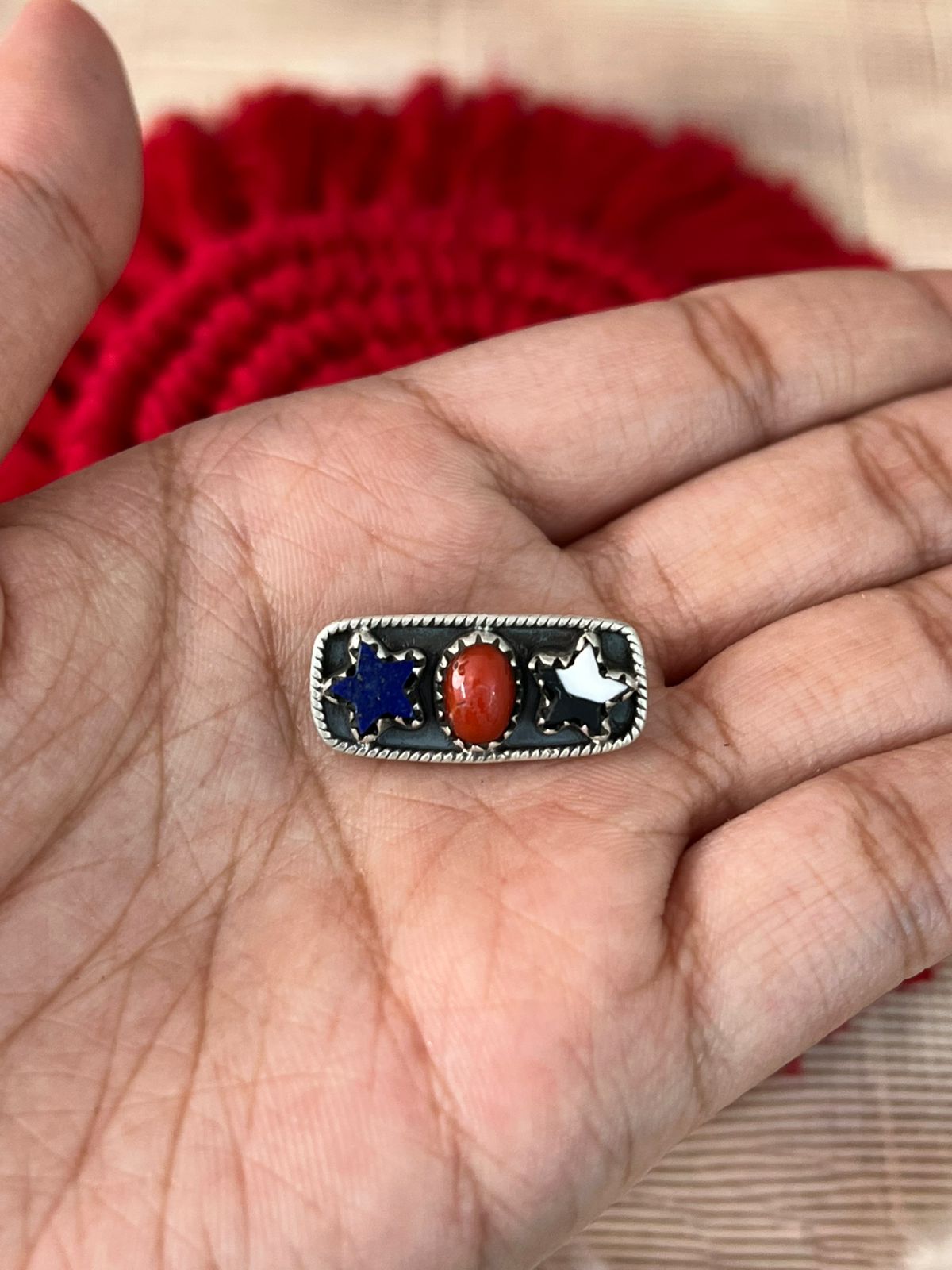 Handmade Sterling Silver 4th Of July Collection: Coral with Lapis and White Buffalo Watch Charm "Signed Nizhoni"