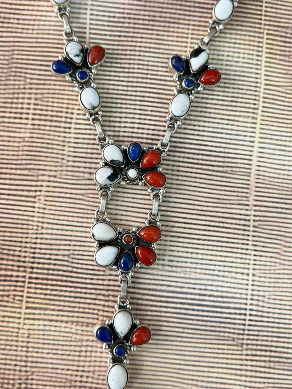 Handmade Sterling Silver 4th Of July Collection: Coral with Lapis and White Buffalo 'Y Shaped' Necklace "Signed Nizhoni"