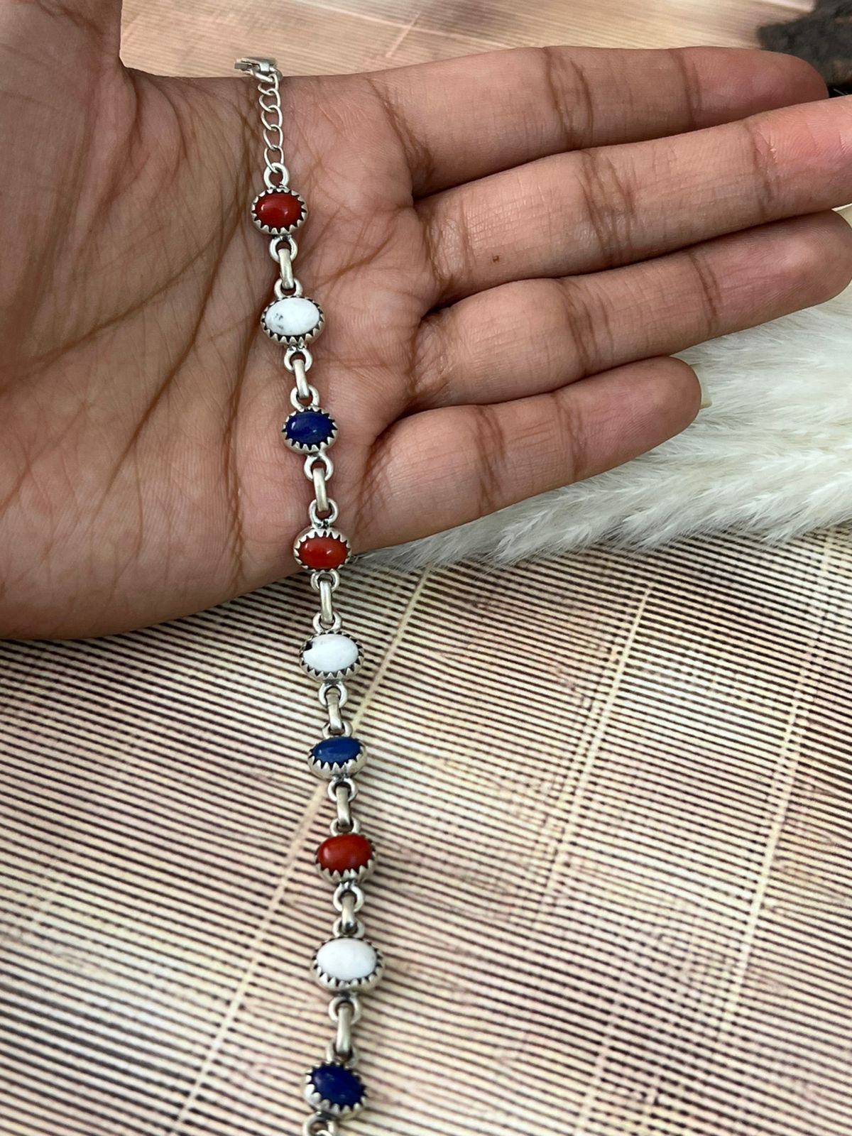 Handmade Sterling Silver 4th Of July Collection: Coral with Lapis and White Buffalo Bracelet "Signed Nizhoni"