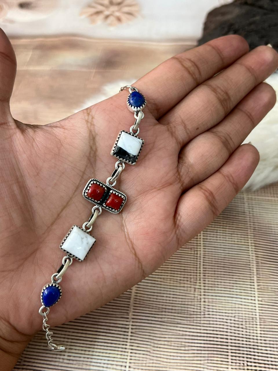 Handmade Sterling Silver 4th Of July Collection: Coral with Lapis and White Buffalo Bracelet "Signed Nizhoni"