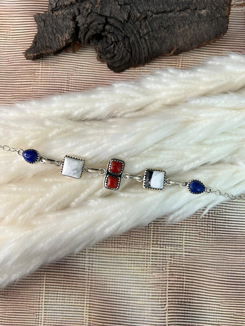 Handmade Sterling Silver 4th Of July Collection: Coral with Lapis and White Buffalo Bracelet "Signed Nizhoni"
