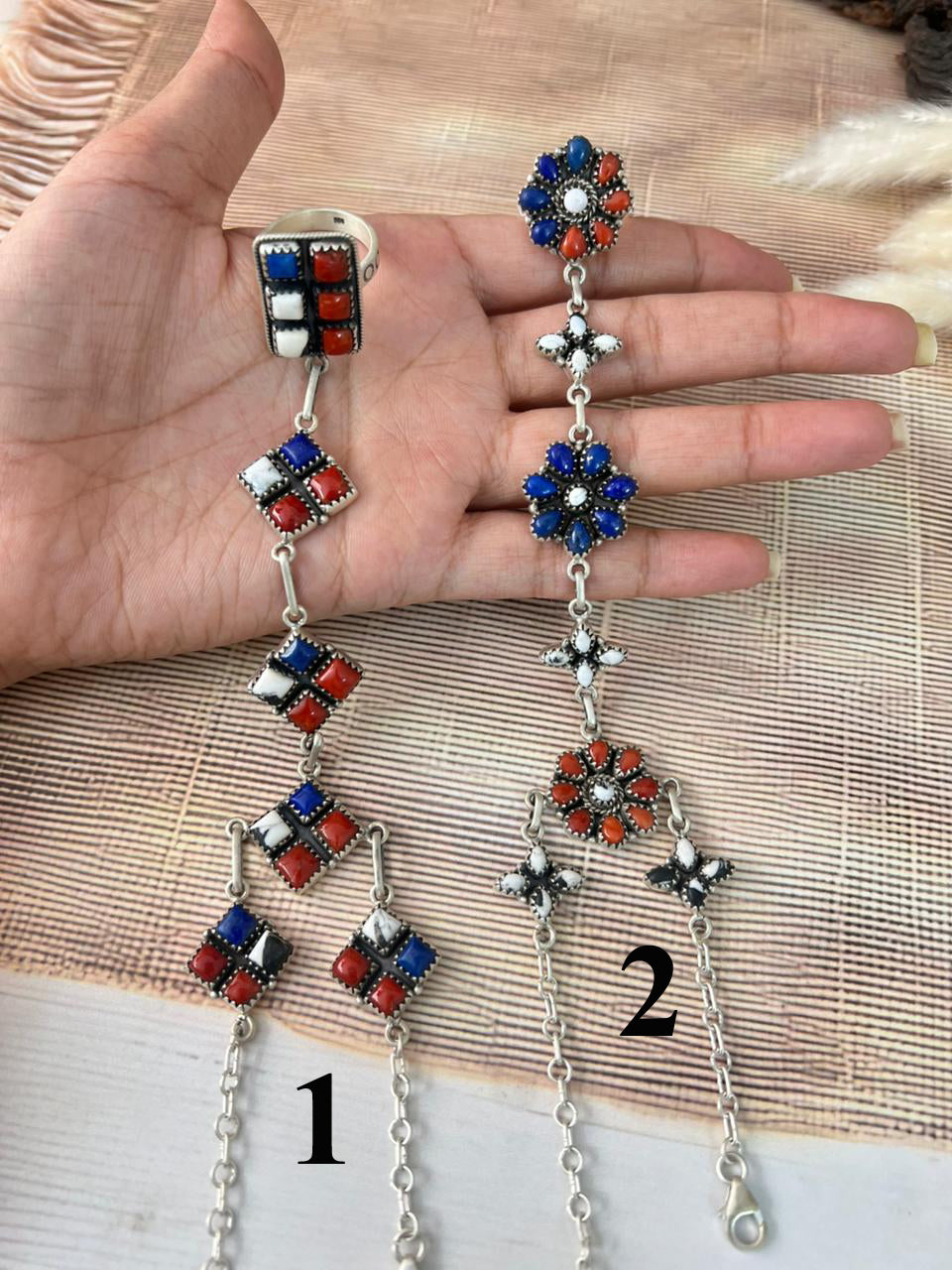 Handmade Sterling Silver 4th Of July Collection: Coral with Lapis and White Buffalo Hand Harness "Signed Nizhoni"