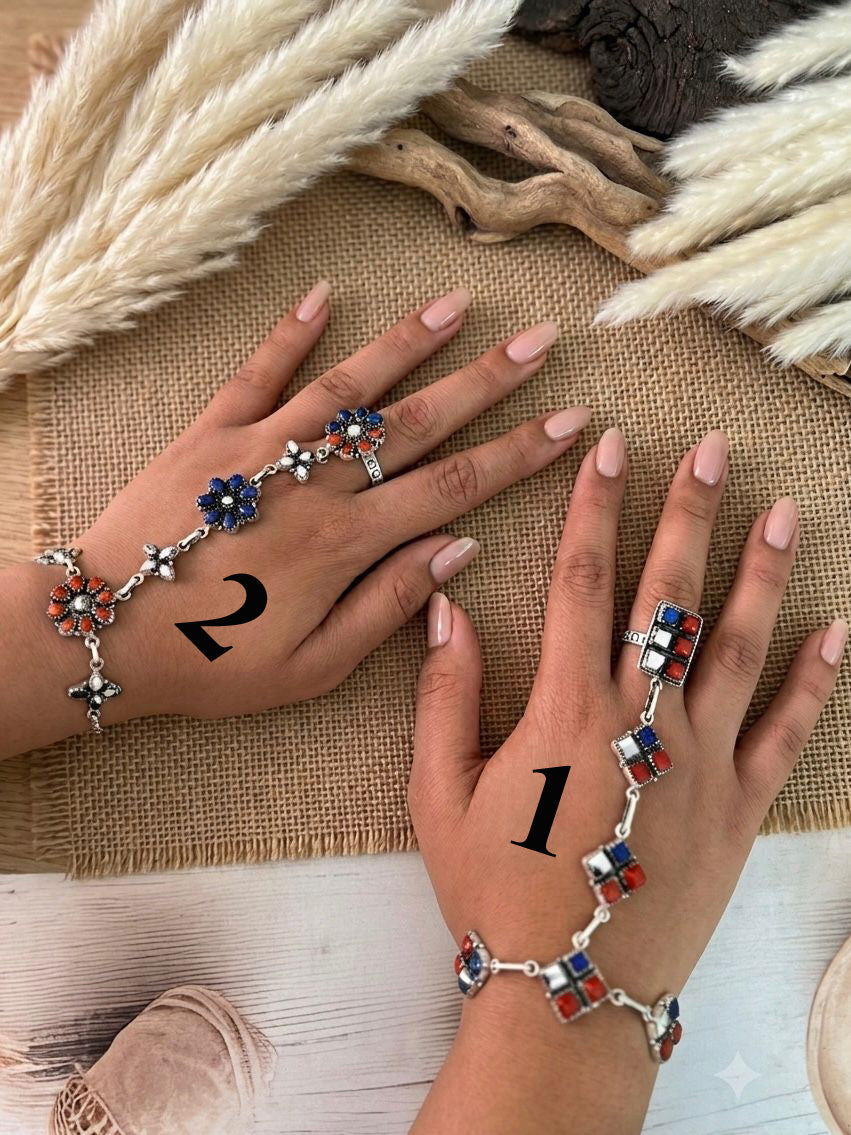 Handmade Sterling Silver 4th Of July Collection: Coral with Lapis and White Buffalo Hand Harness "Signed Nizhoni"