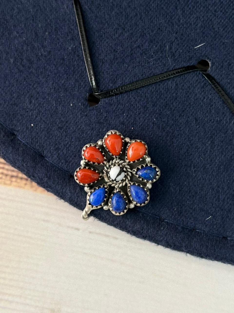 Handmade Sterling Silver 4th Of July Collection: Coral with Lapis and White Buffalo Hat Pin "Signed Nizhoni"