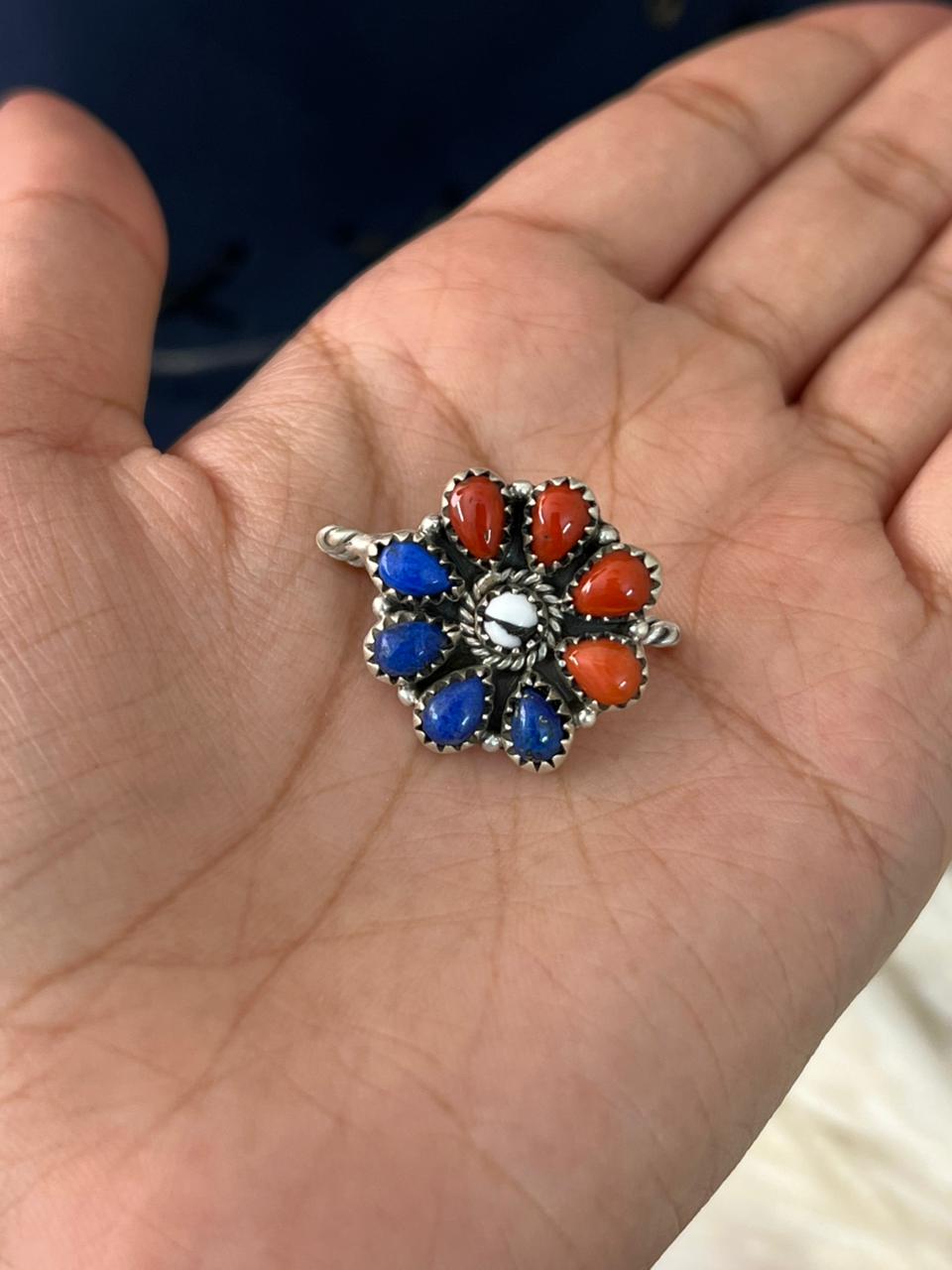 Handmade Sterling Silver 4th Of July Collection: Coral with Lapis and White Buffalo Hat Pin "Signed Nizhoni"