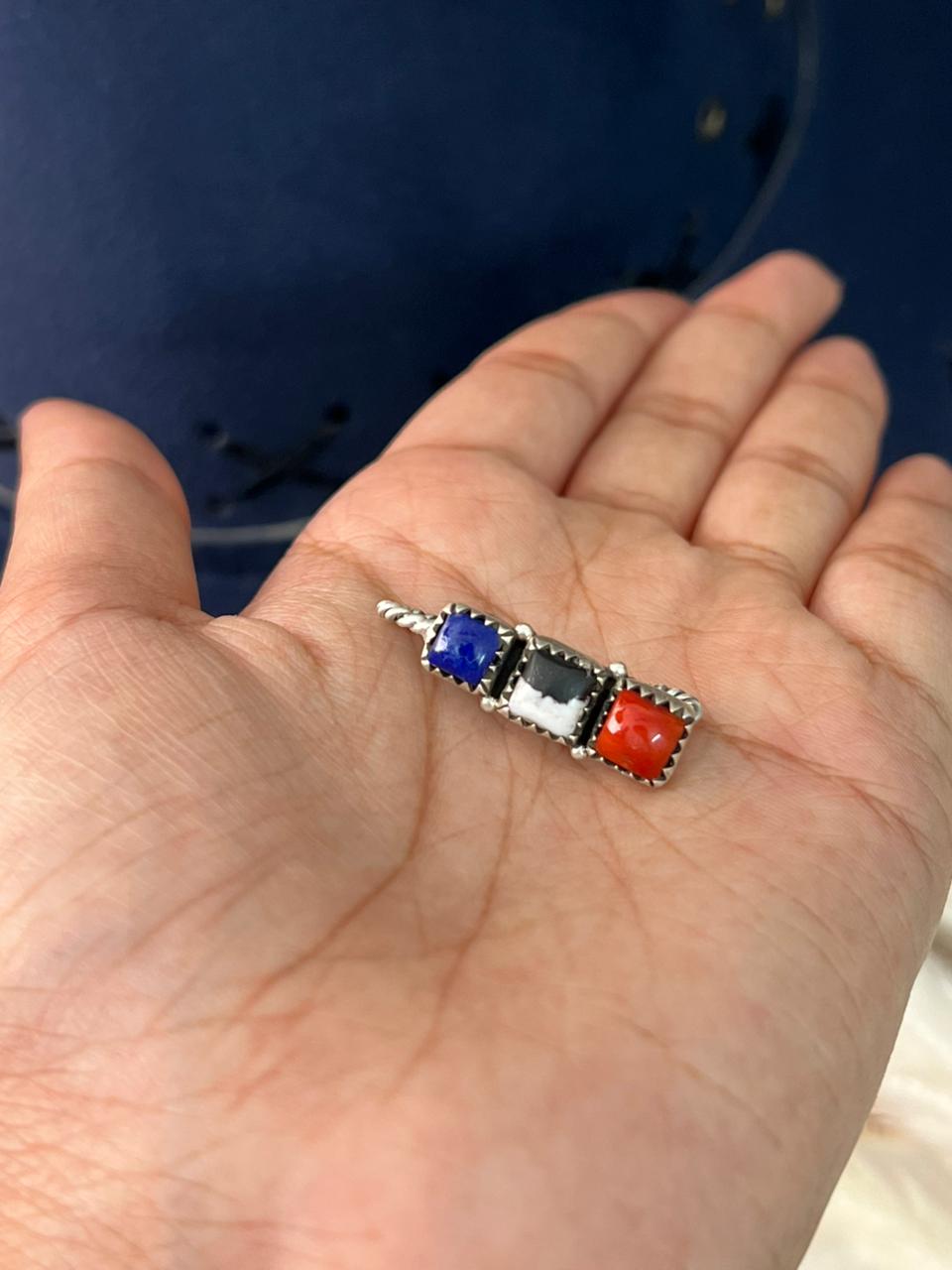 Handmade Sterling Silver 4th Of July Collection: Coral with Lapis and White Buffalo Hat Pin "Signed Nizhoni"