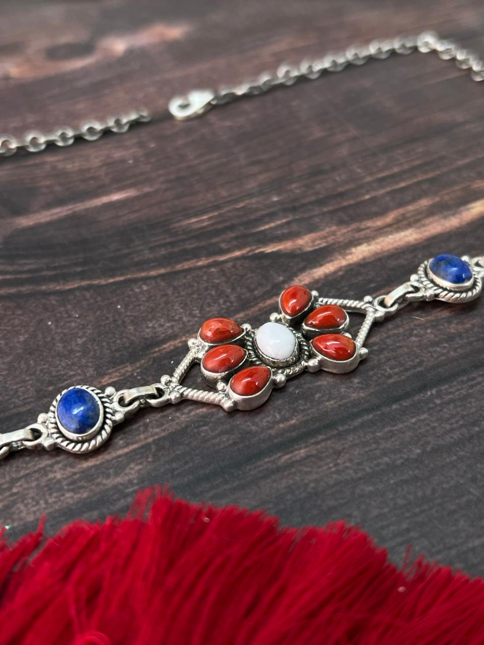 Handmade Sterling Silver 4th Of July Collection: Coral with Lapis and White Buffalo Choker Necklace "Signed Nizhoni"
