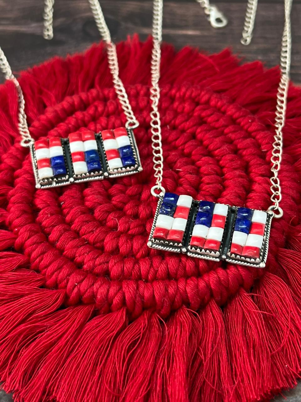 Handmade Sterling Silver 4th Of July Collection: Rosarita with Lapis and White Buffalo Bar Necklace "Signed Nizhoni"