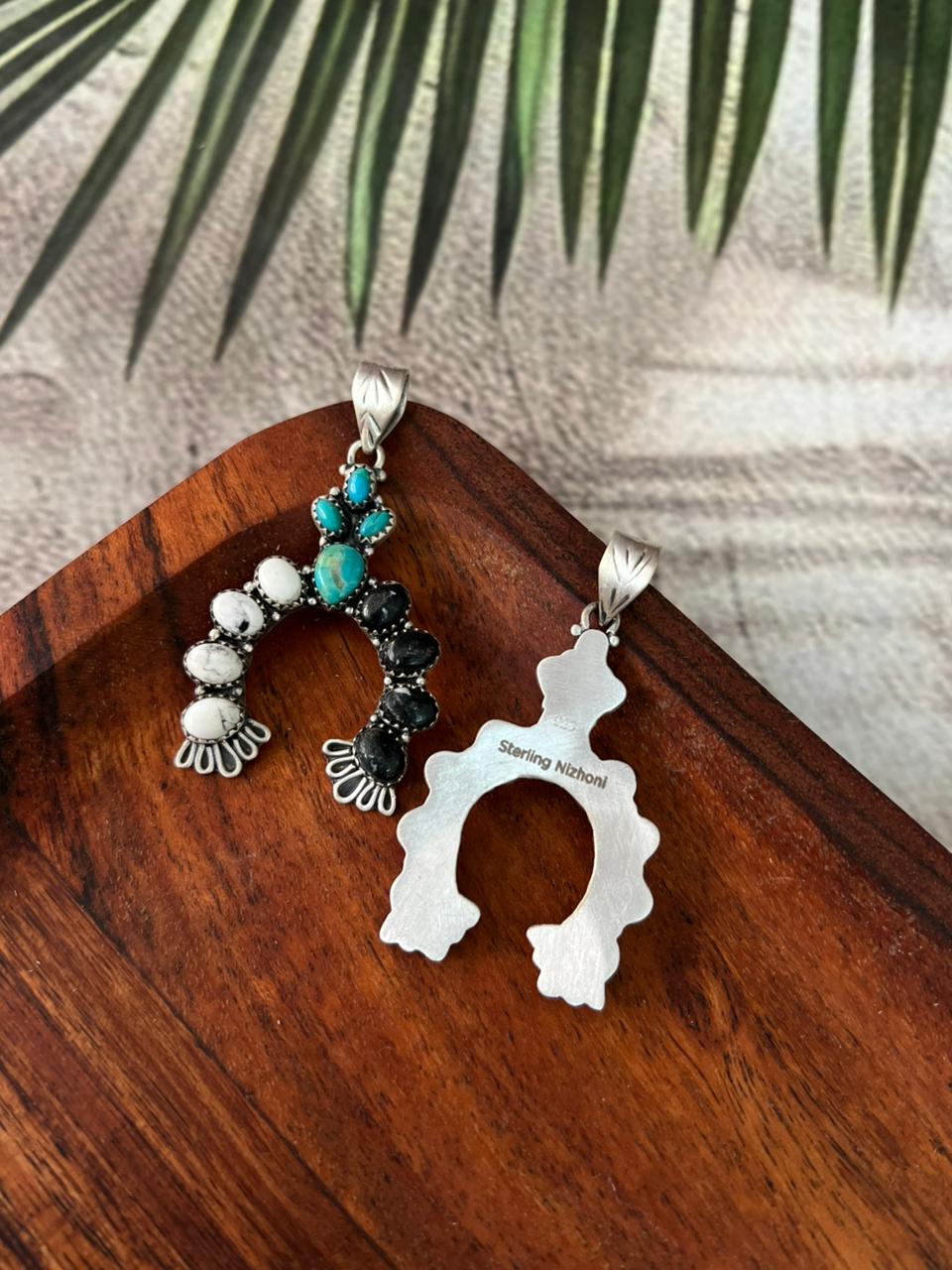 Handmade Sterling Silver Kingman Turquoise with White Buffalo Naja Pendant "Signed Nizhoni"