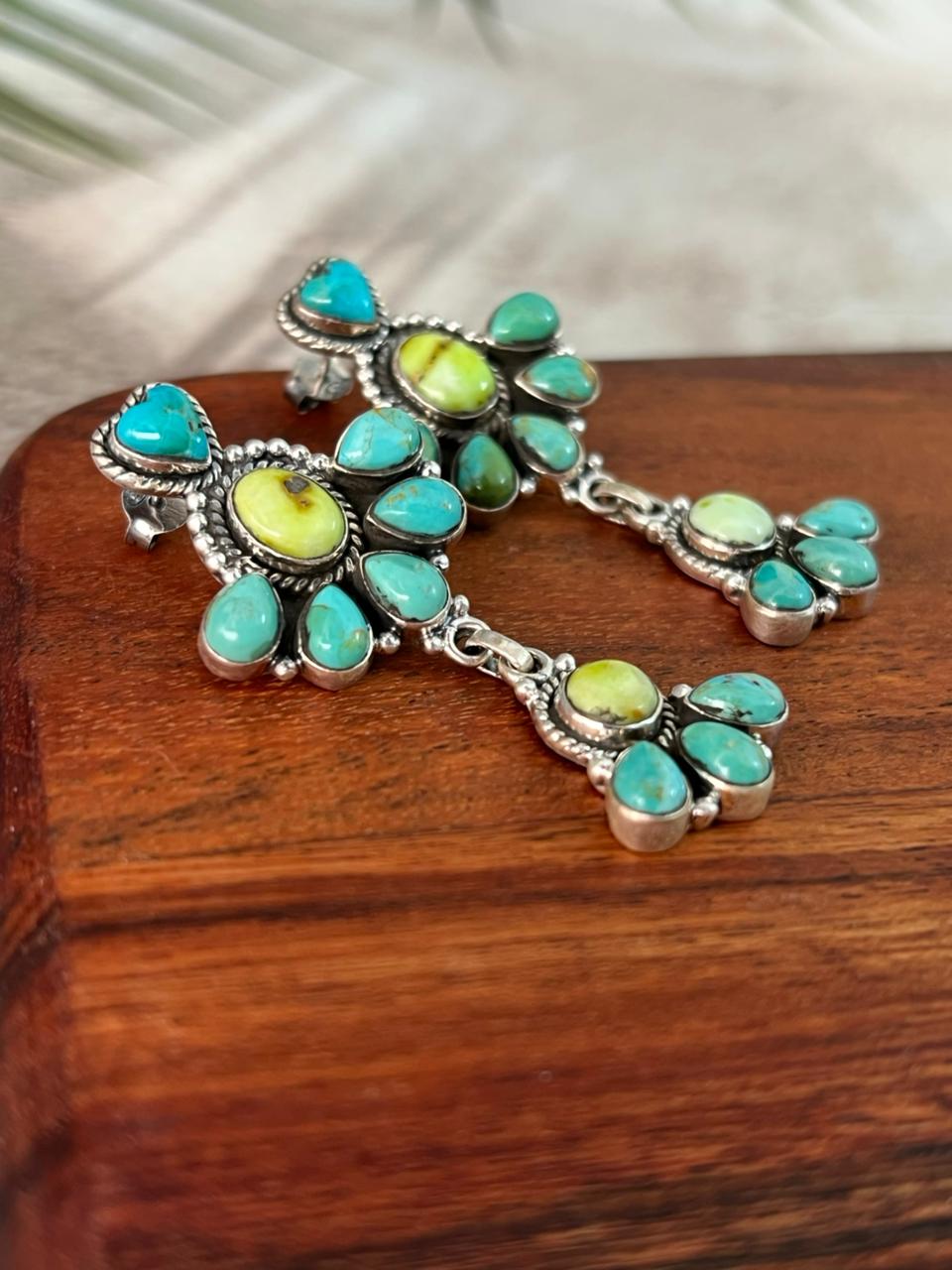 Handmade Sterling Silver Palomino with Kingman Turquoise Post Dangle Heart Earrings "Signed Nizhoni"