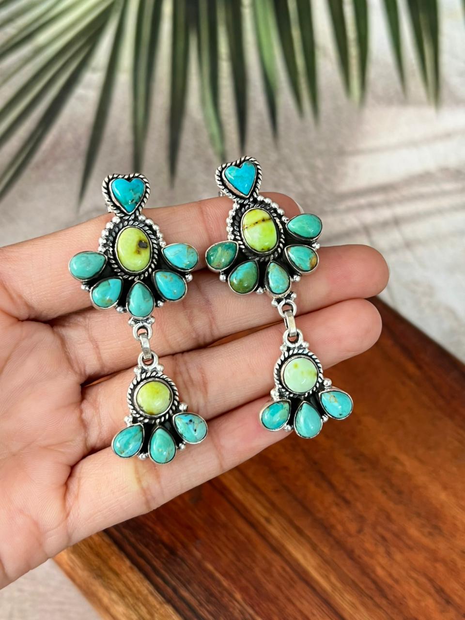 Handmade Sterling Silver Palomino with Kingman Turquoise Post Dangle Heart Earrings "Signed Nizhoni"