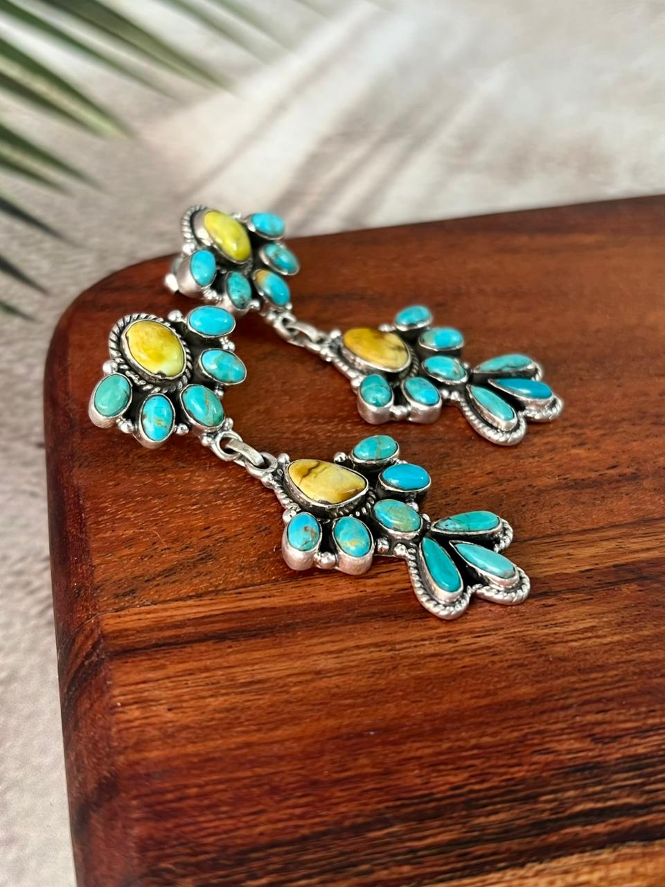 Handmade Sterling Silver Palomino with Kingman Turquoise Post Dangle Earrings "Signed Nizhoni"
