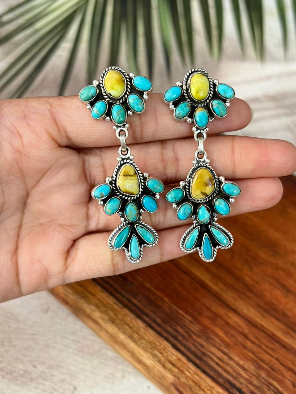 Handmade Sterling Silver Palomino with Kingman Turquoise Post Dangle Earrings "Signed Nizhoni"