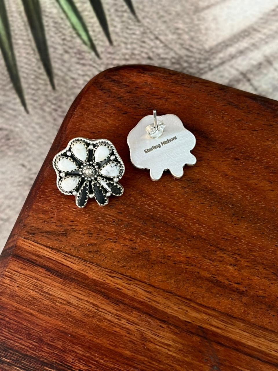 Handmade Sterling Silver White Buffalo Post Studs Earrings "Signed Nizhoni"