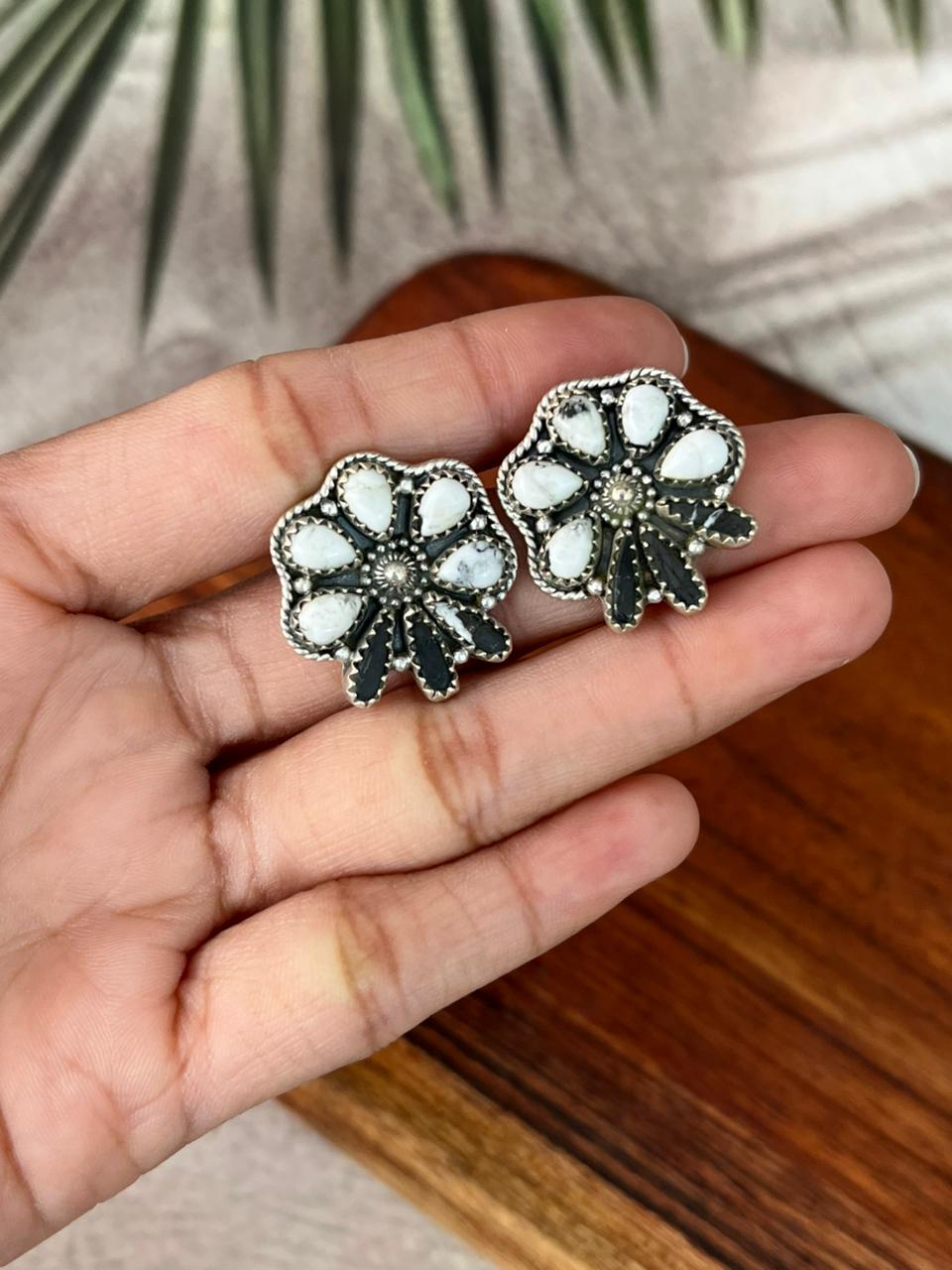Handmade Sterling Silver White Buffalo Post Studs Earrings "Signed Nizhoni"