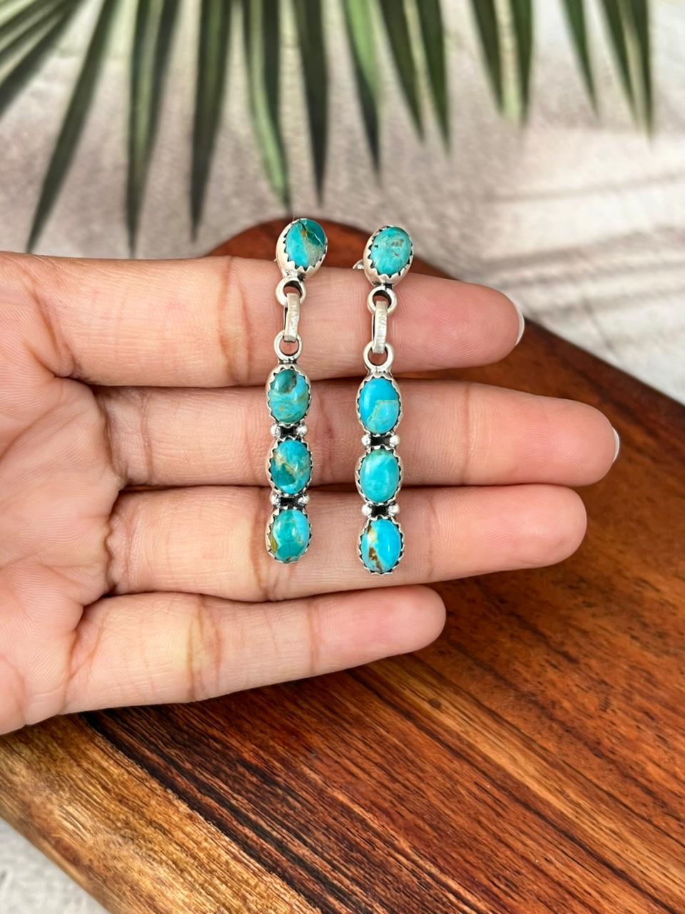 Handmade Sterling Silver Kingman Turquoise Post Dangle Earrings "Signed Nizhoni"
