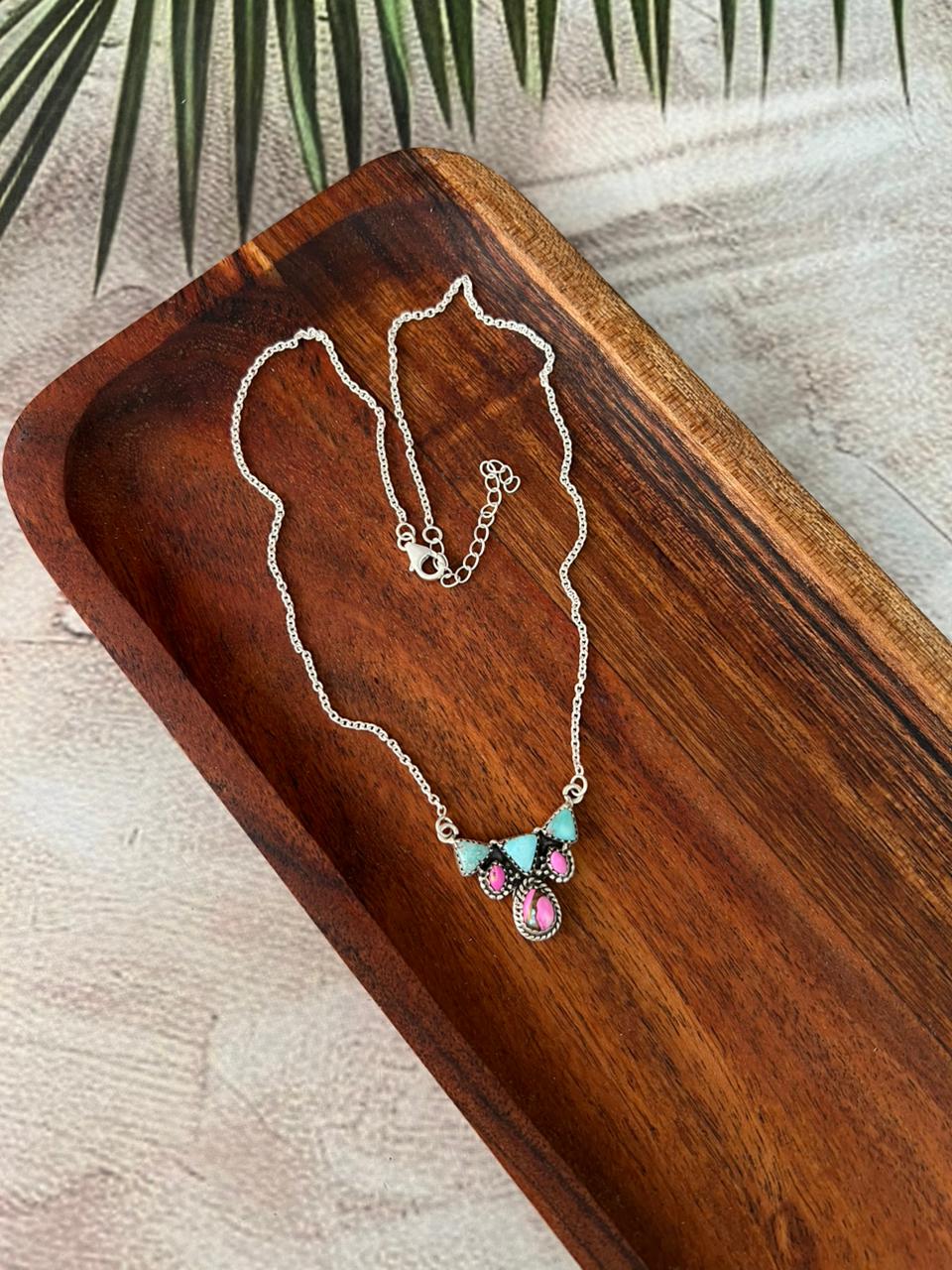 Handmade Sterling Silver Cotton Candy with White Water Turquoise Necklace "Signed Nizhoni"