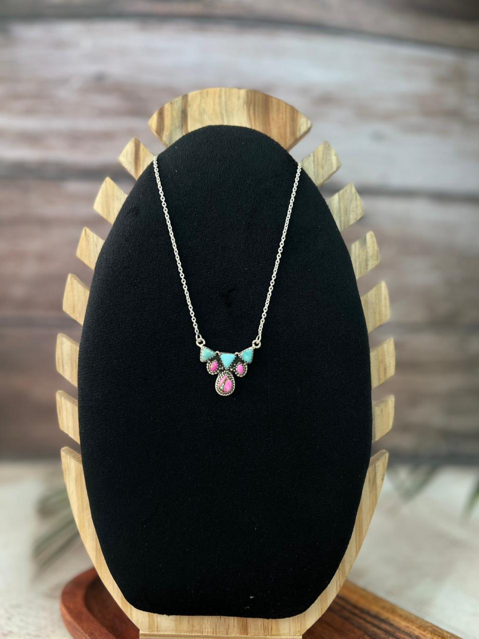 Handmade Sterling Silver Cotton Candy with White Water Turquoise Necklace "Signed Nizhoni"