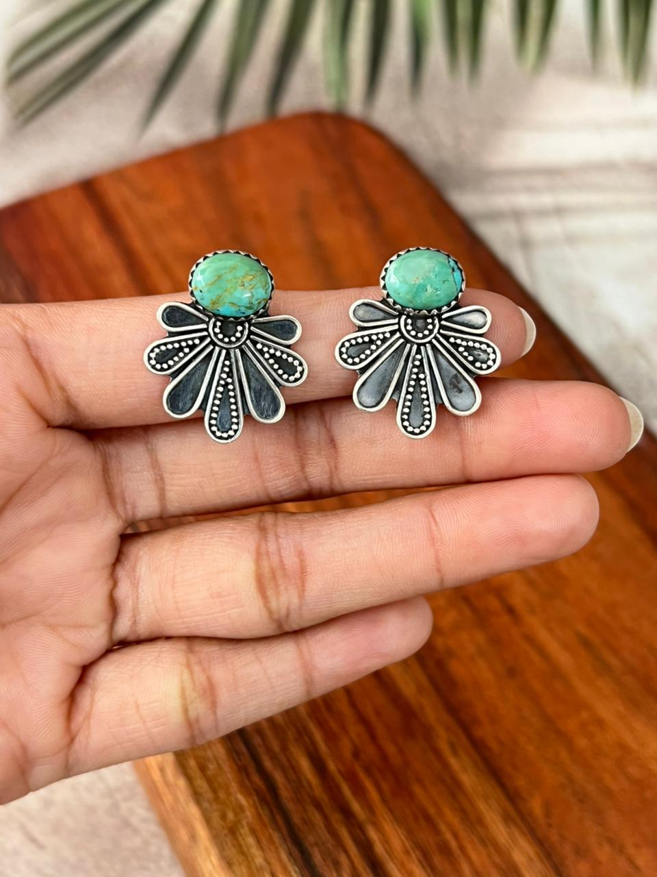 Handmade Sterling Silver Kingman Turquoise Post Studs Earrings "Signed Nizhoni"