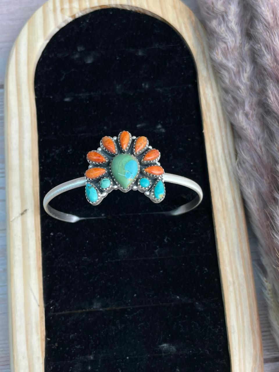 Handmade Sterling Silver Kingman Turquoise with Orange Mojave Cuff Bracelet "Signed Nizhoni"