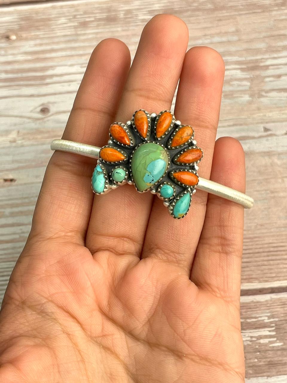 Handmade Sterling Silver Kingman Turquoise with Orange Mojave Cuff Bracelet "Signed Nizhoni"