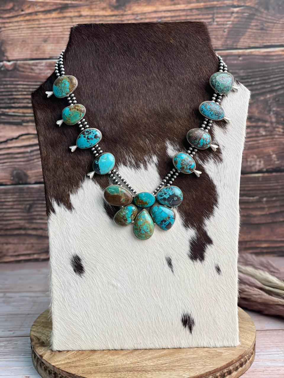 Handmade Sterling Silver Royston Turquoise Collection: Squash Blossom Beaded Necklace "Signed Nizhoni"