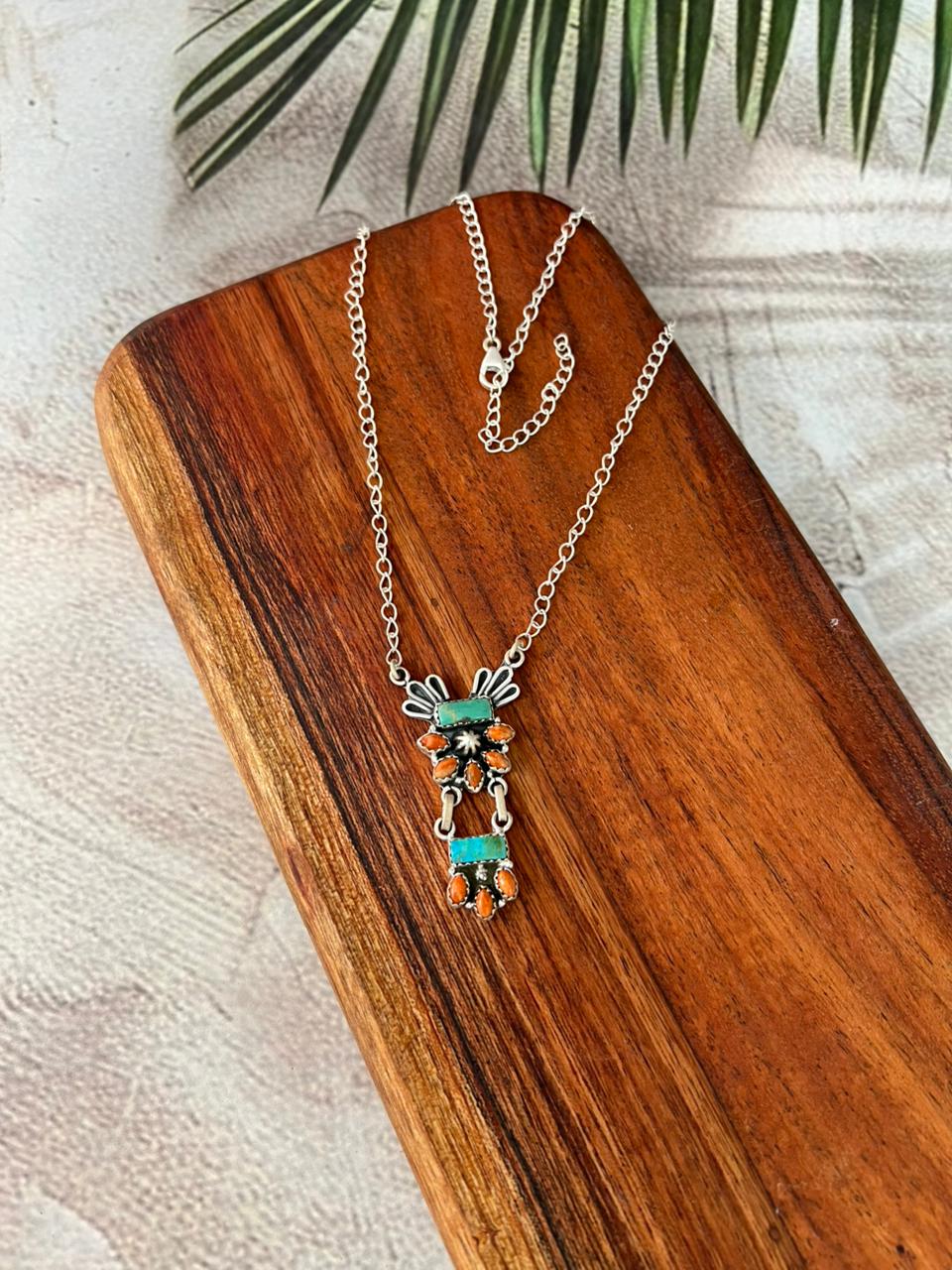 Handmade Sterling Silver Kingman Turquoise with Orange Mojave Necklace "Signed Nizhoni"