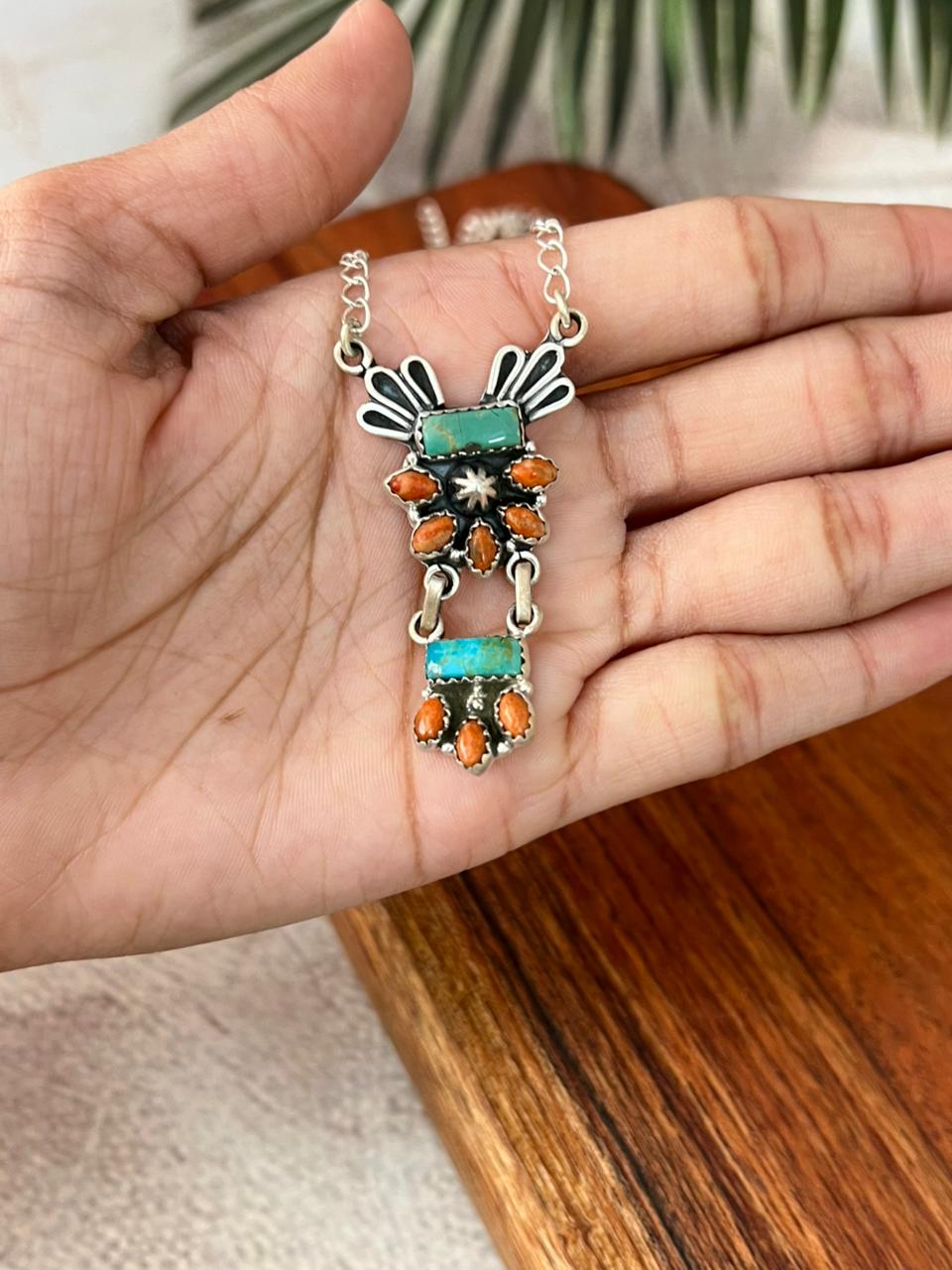Handmade Sterling Silver Kingman Turquoise with Orange Mojave Necklace "Signed Nizhoni"
