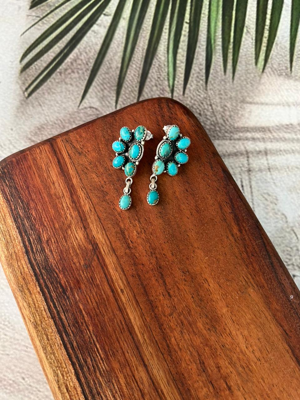 Handmade Sterling Silver Kingman Turquoise Post Dangle Earrings "Signed Nizhoni"