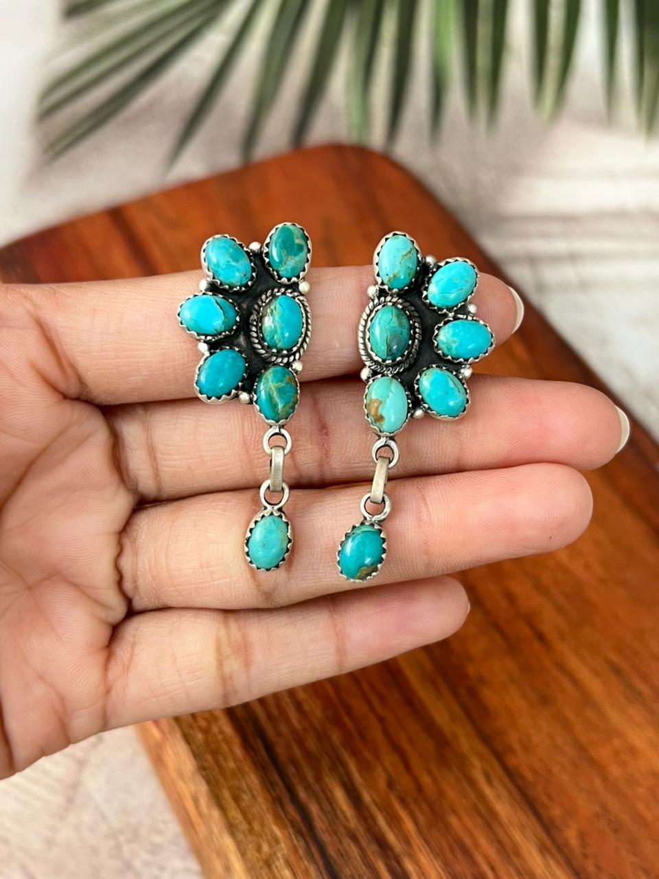 Handmade Sterling Silver Kingman Turquoise Post Dangle Earrings "Signed Nizhoni"