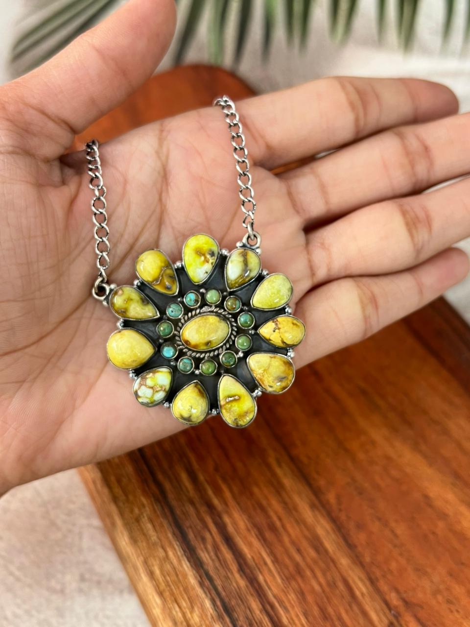 Handmade Sterling Silver Palomino with Kingman Turquoise Necklace "Signed Nizhoni"