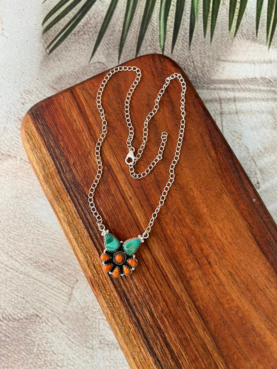 Handmade Sterling Silver Kingman Turquoise with Orange Mojave Necklace "Signed Nizhoni"