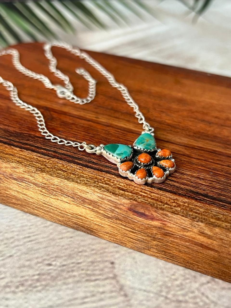 Handmade Sterling Silver Kingman Turquoise with Orange Mojave Necklace "Signed Nizhoni"