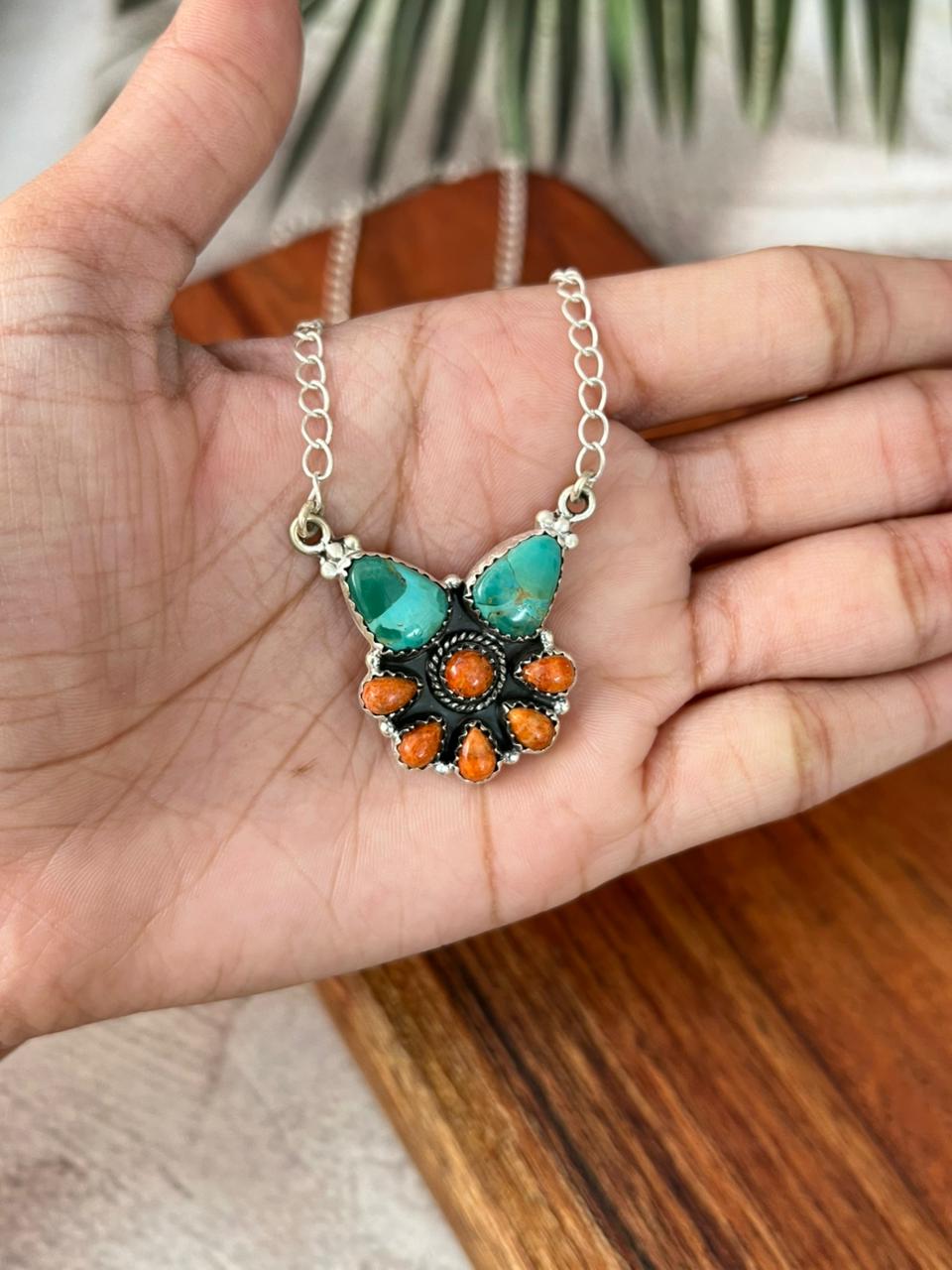 Handmade Sterling Silver Kingman Turquoise with Orange Mojave Necklace "Signed Nizhoni"