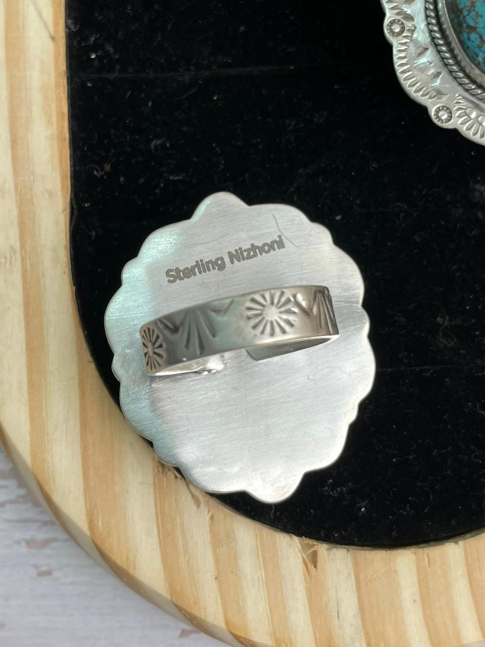 Handmade Sterling Silver Kingman Turquoise Collection: Adjustable Ring "Signed Nizhoni" (7)