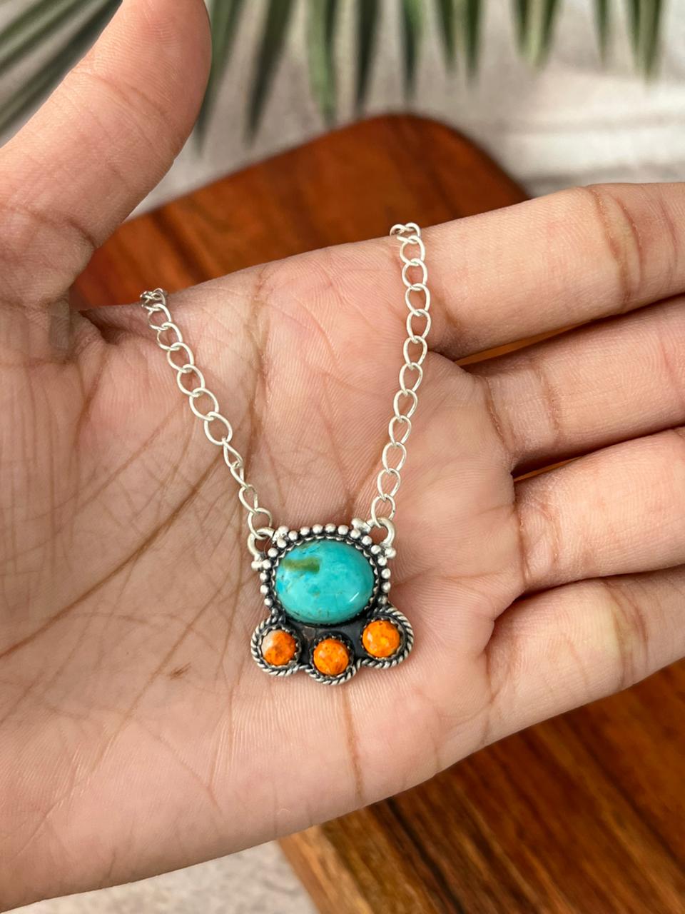 Handmade Sterling Silver Kingman Turquoise with Bumblebee Necklace "Signed Nizhoni"