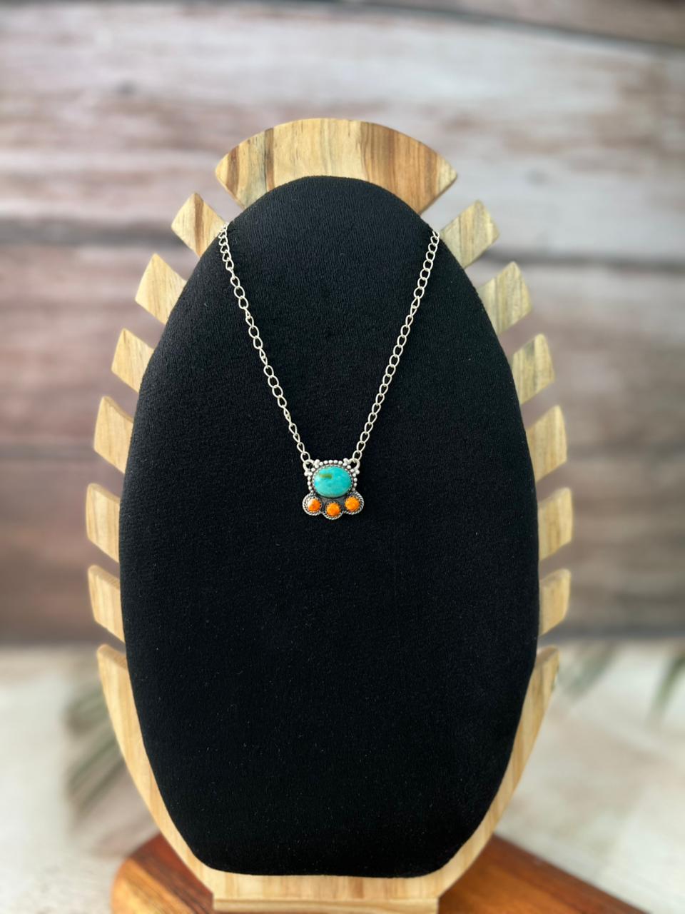 Handmade Sterling Silver Kingman Turquoise with Bumblebee Necklace "Signed Nizhoni"