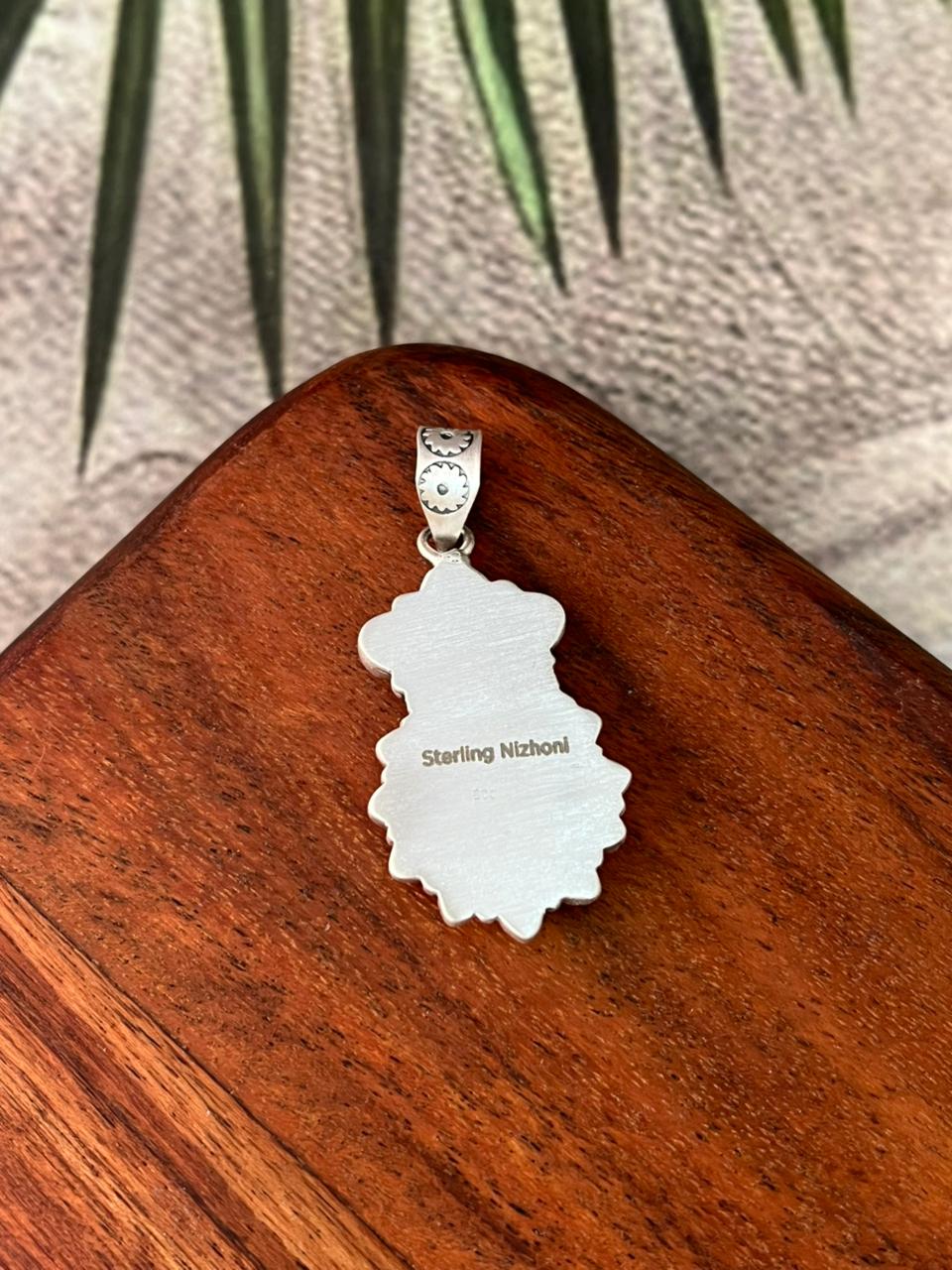 Handmade Sterling Silver White Buffalo with Golden Hills Turquoise Pendant "Signed Nizhoni"