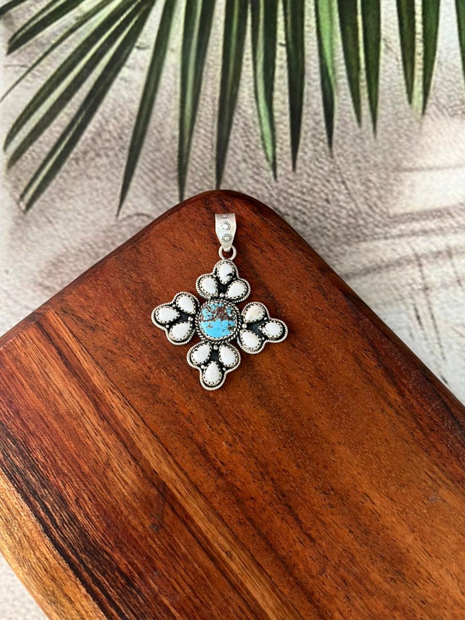 Handmade Sterling Silver White Buffalo with Golden Hills Turquoise Pendant "Signed Nizhoni"