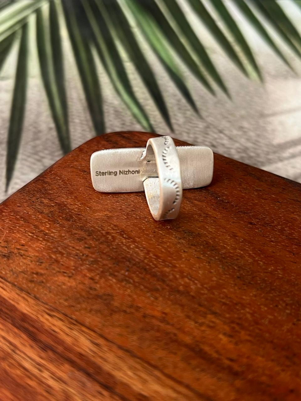 Handmade Sterling Silver Kingman Turquoise Adjustable Bar Ring "Signed Nizhoni"