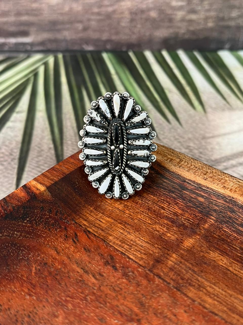 Handmade Sterling Silver White Buffalo Adjustable Ring "Signed Nizhoni"