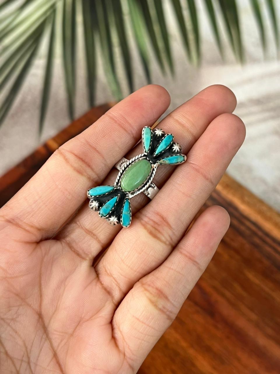 Handmade Sterling Silver Kingman Turquoise Adjustable Ring "Signed Nizhoni"