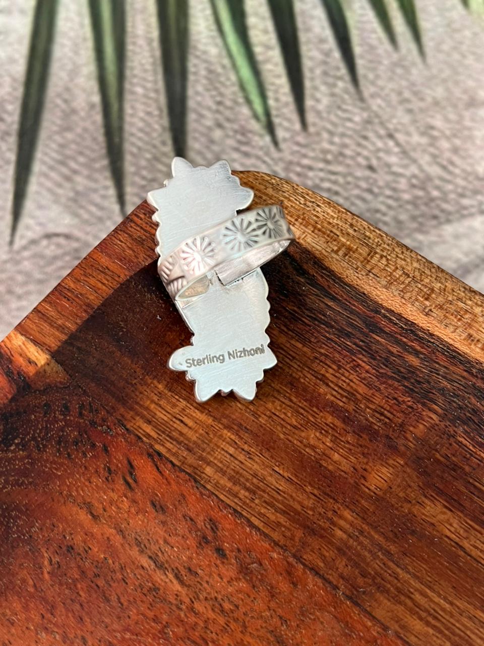 Handmade Sterling Silver Kingman Turquoise with Orange Mojave Adjustable Ring "Signed Nizhoni"