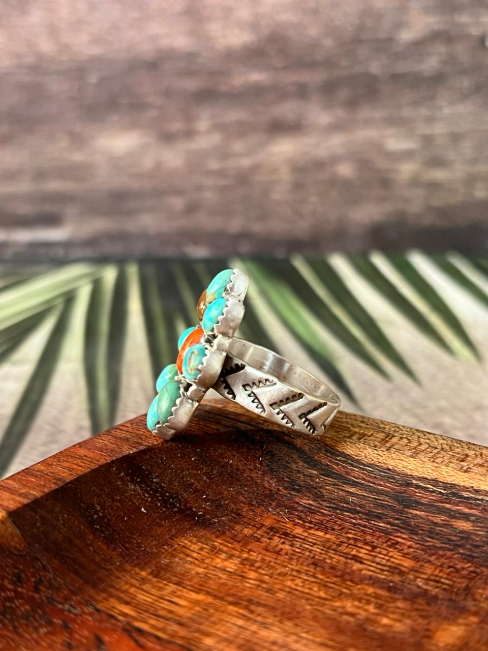 Handmade Sterling Silver Kingman Turquoise with Orange Mojave Adjustable Ring "Signed Nizhoni"