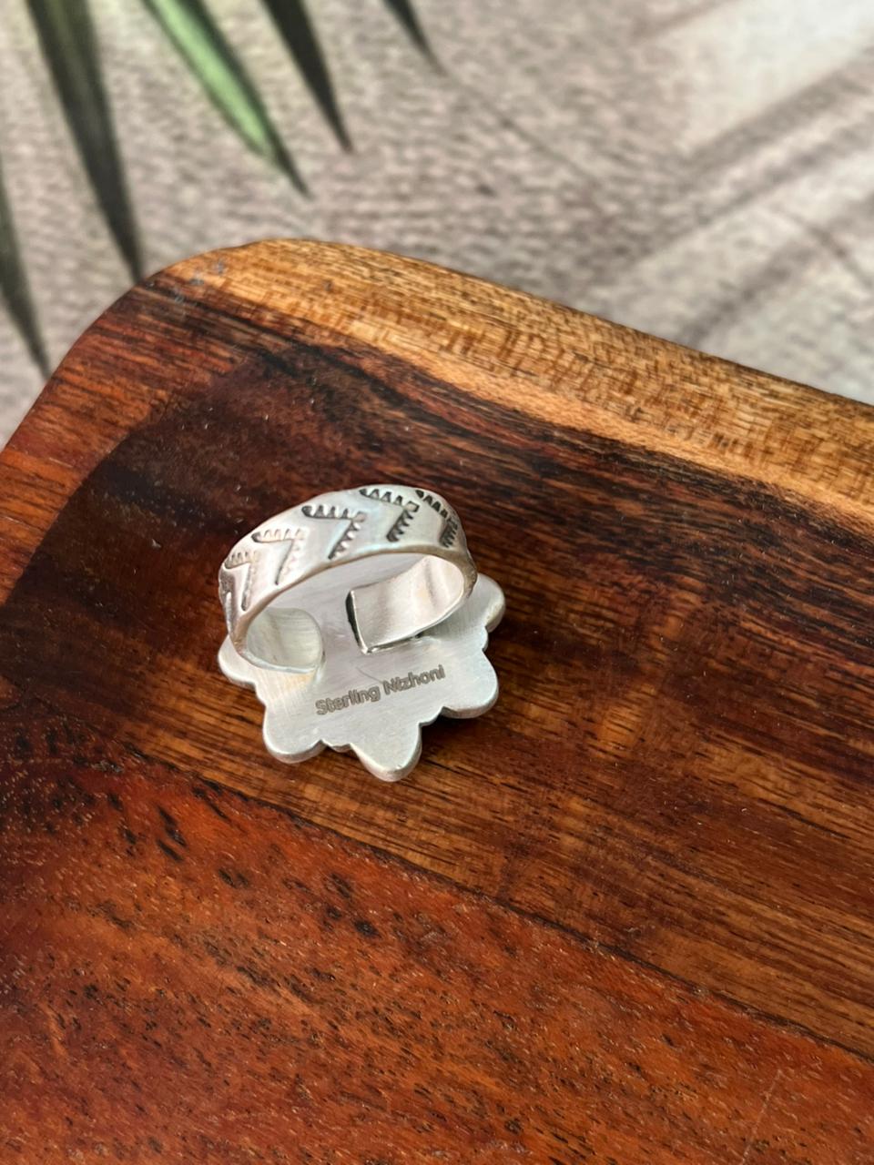 Handmade Sterling Silver Kingman Turquoise with Orange Mojave Adjustable Ring "Signed Nizhoni"