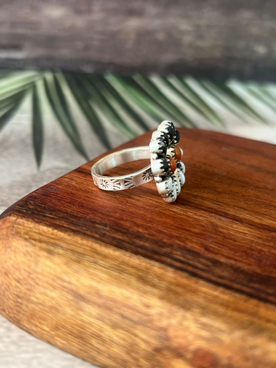 Handmade Sterling Silver White Buffalo with Orange Mojave Adjustable Ring "Signed Nizhoni"