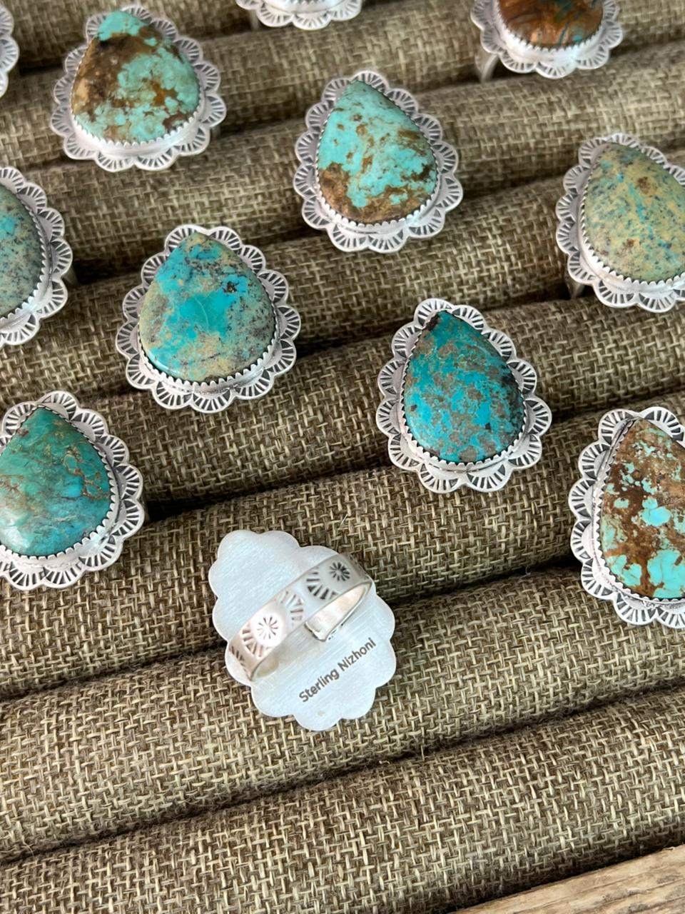 Handmade Sterling Silver Manassa Turquoise Adjustable Ring "Signed Nizhoni"